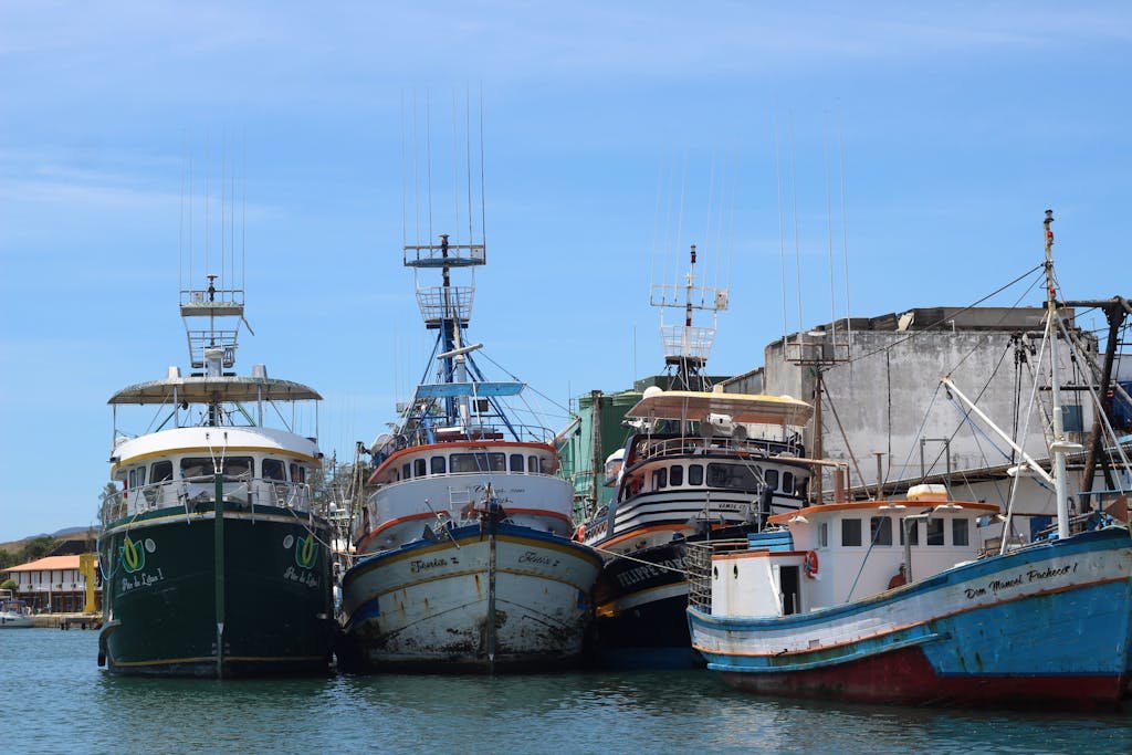 Vibrant fishing boats lined up at a sunny harbor, perfect for travel and nautical themes.